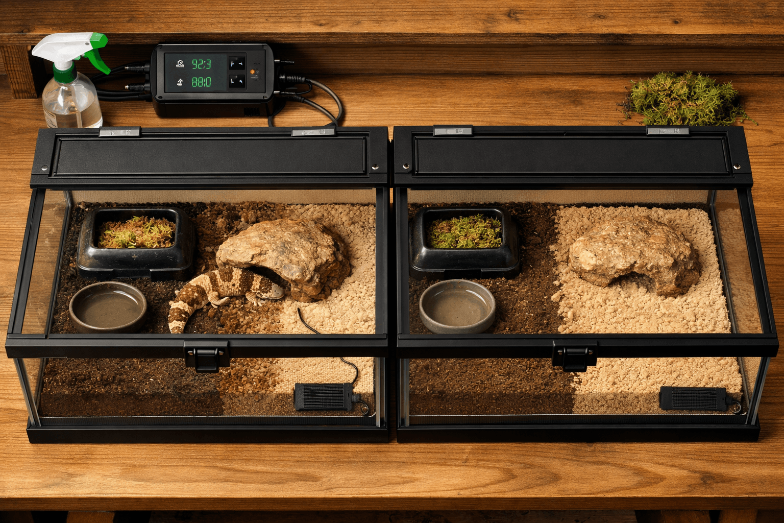 Overhead of two side-by-side reptile tanks, one with an african fat tailed gecko, hides, moss, and water bowl.
