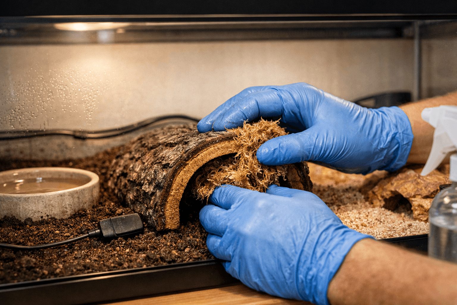 Gloved hands pack moss into a humid hide in an african fat tailed gecko terrarium