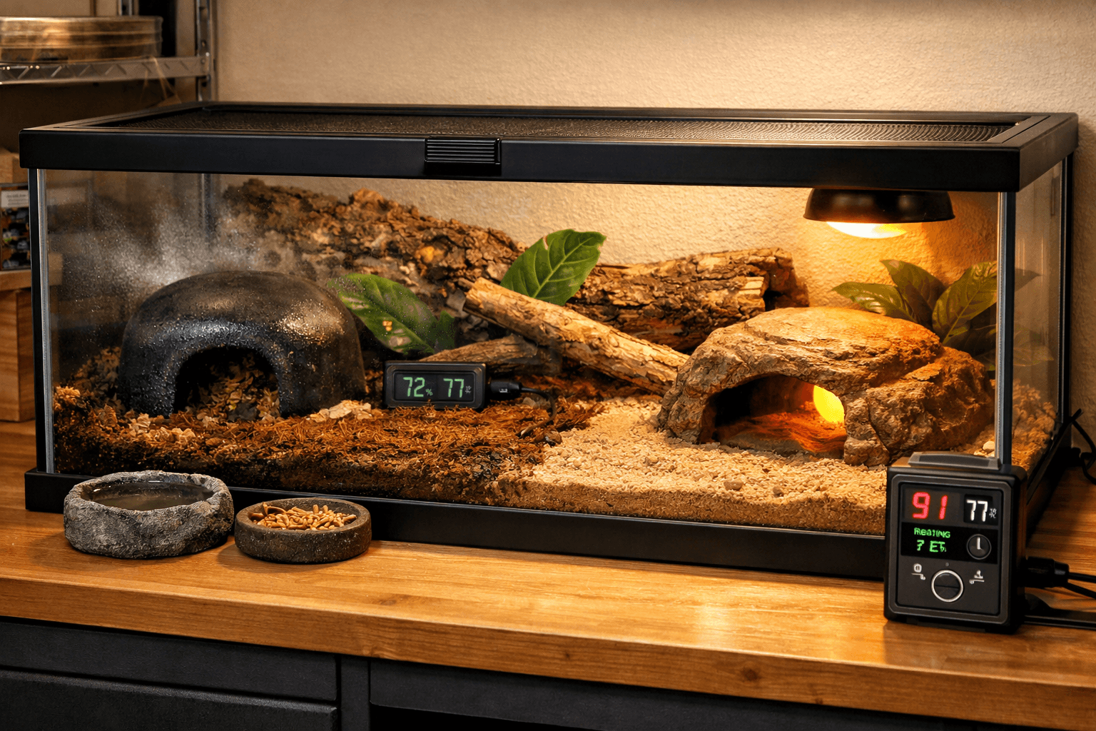 African fat tailed gecko terrarium with warm hide, humid moss hide, water bowl, and divided substrate.