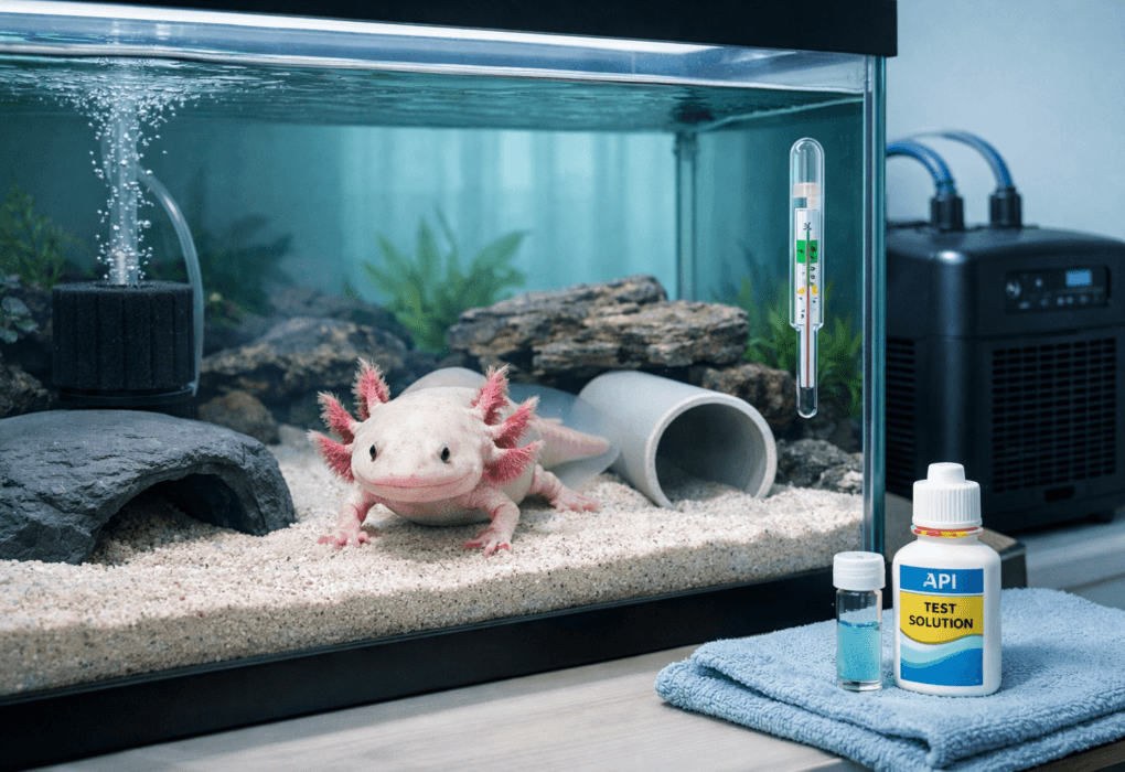Adult axolotl as pets resting in a clear aquarium on sand beside a hide, sponge filter, and chiller.