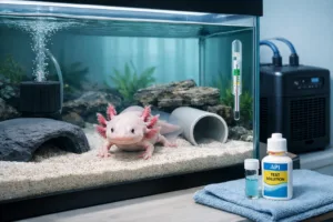 Adult axolotl as pets resting in a clear aquarium on sand beside a hide, sponge filter, and chiller.