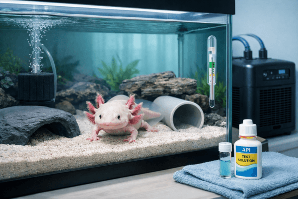 Adult axolotl as pets resting in a clear aquarium on sand beside a hide, sponge filter, and chiller.