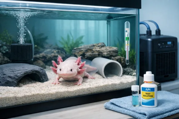 Adult axolotl as pets resting in a clear aquarium on sand beside a hide, sponge filter, and chiller.