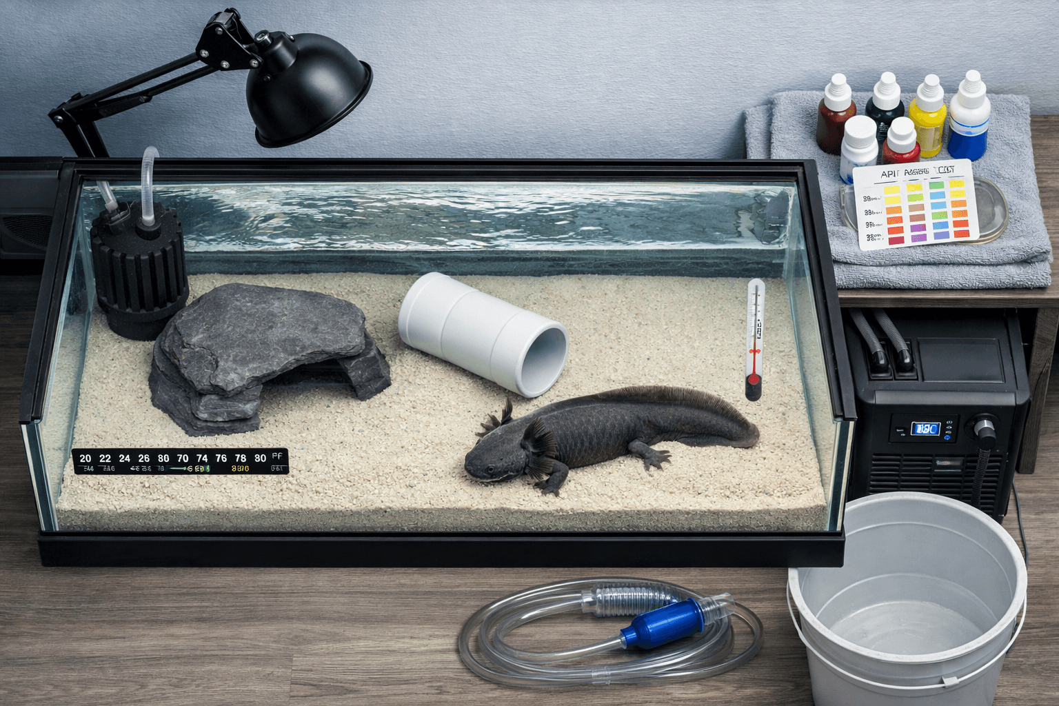 Overhead axolotl aquarium with axolotl as pets, sand, hide, filter, and chiller