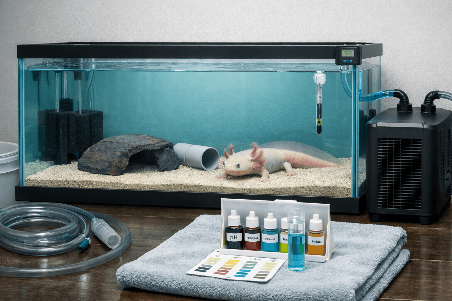 Cool-water aquarium with an axolotl as pets, filter, test kit, and chiller in a tidy fish room.
