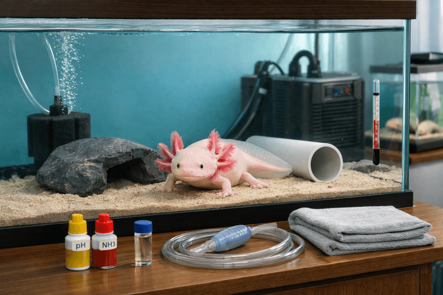 Pale pink axolotl as pets resting in a cool aquarium with hide, tube, and filter.