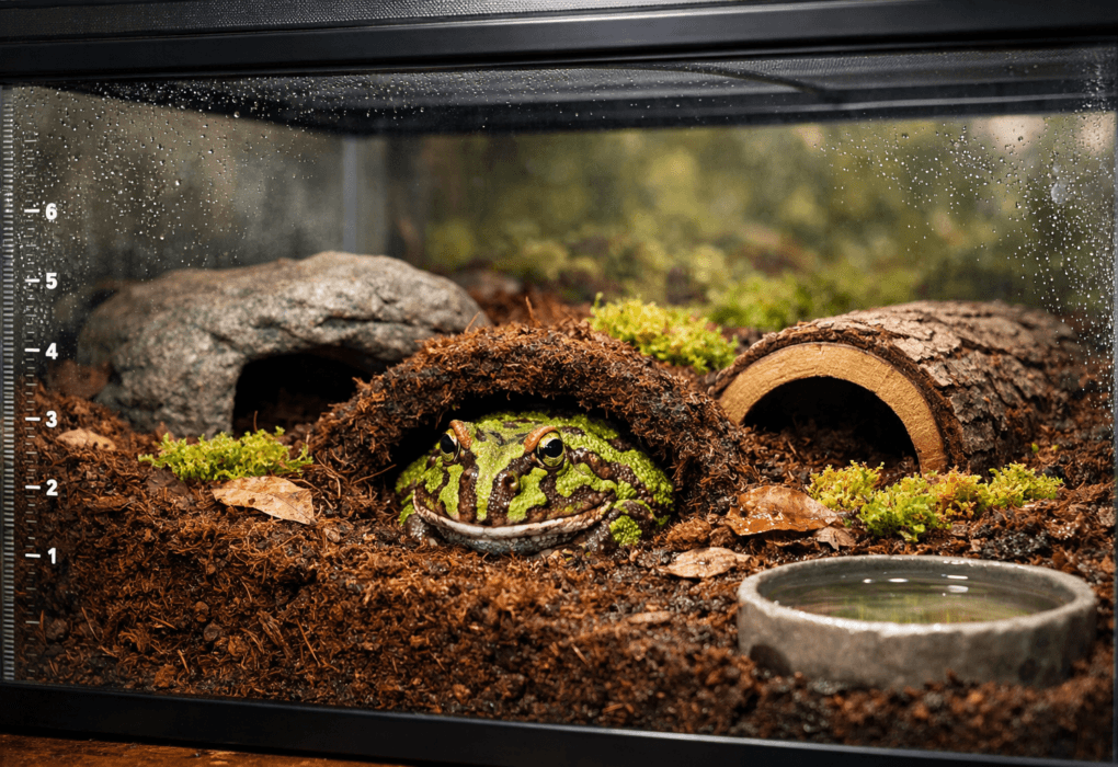 Pacman frog resting in a humid glass terrarium with coco fiber, moss, hides, and water dish.