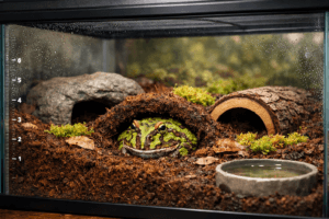 Pacman frog resting in a humid glass terrarium with coco fiber, moss, hides, and water dish.