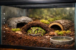 Pacman frog resting in a humid glass terrarium with coco fiber, moss, hides, and water dish.