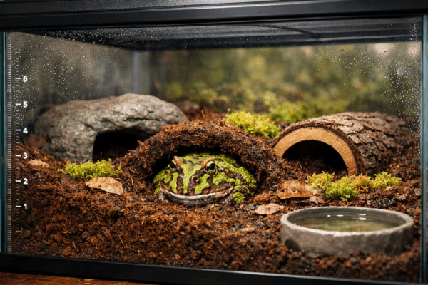 Pacman frog resting in a humid glass terrarium with coco fiber, moss, hides, and water dish.
