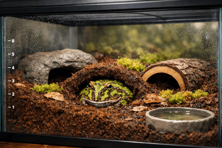 Pacman frog resting in a humid glass terrarium with coco fiber, moss, hides, and water dish.