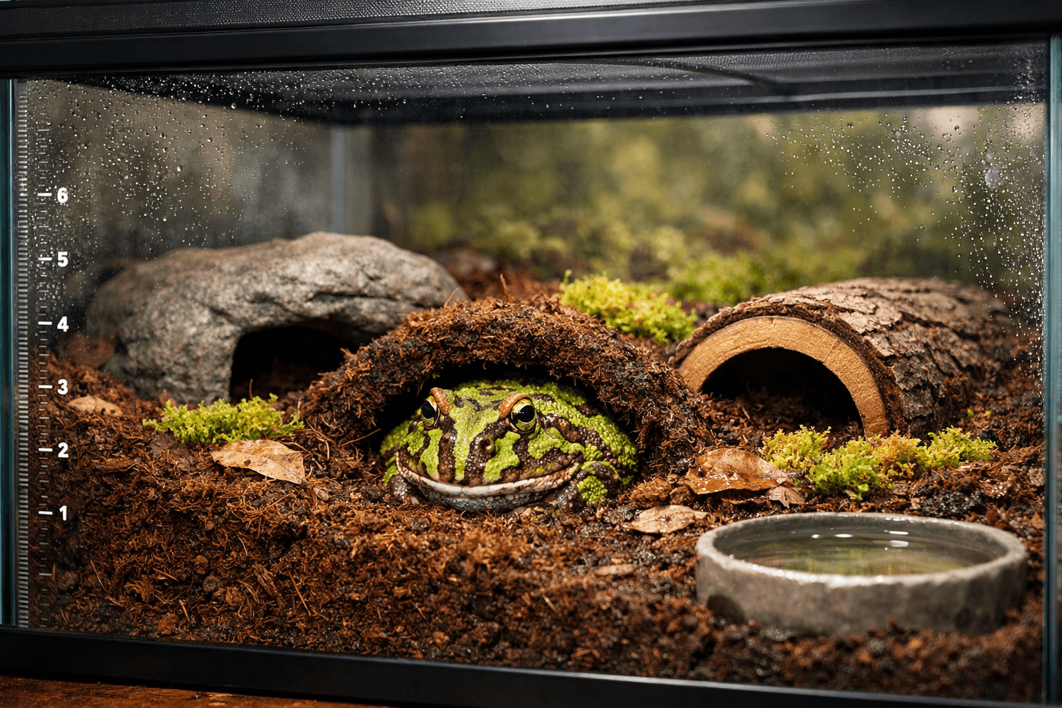 Pacman frog resting in a humid glass terrarium with coco fiber, moss, hides, and water dish.