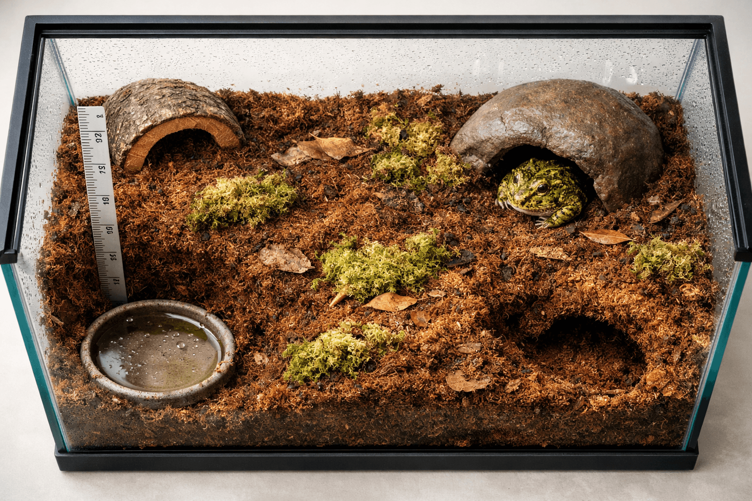 Overhead view of a pacman frog terrarium with moist substrate, hides, water dish, and depth marker.