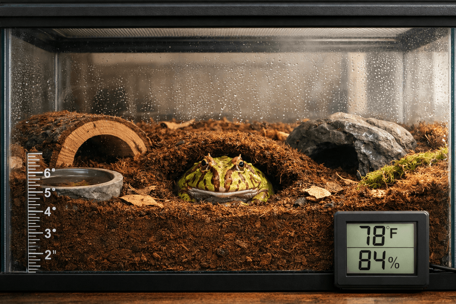 pacman frog in a glass terrarium, half-buried in damp substrate beside hides and a hygrometer.