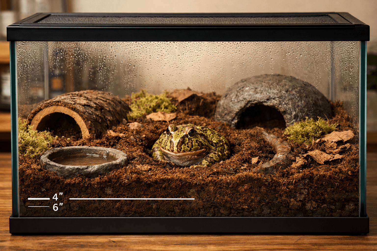 pacman frog resting in a bioactive terrarium with moss, hides, and a water dish