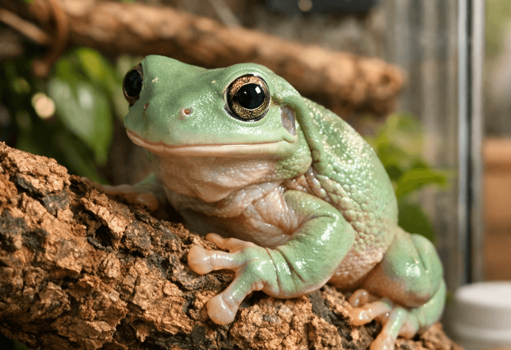 Macro white tree frog gripping a cork branch in a lush, softly lit terrarium with blurred vines and foliage.