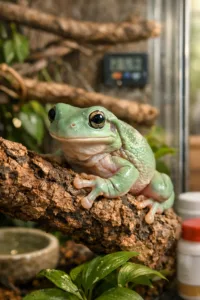 Macro white tree frog gripping a cork branch in a lush, softly lit terrarium with blurred vines and foliage.