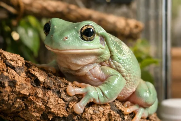 Macro white tree frog gripping a cork branch in a lush, softly lit terrarium with blurred vines and foliage.