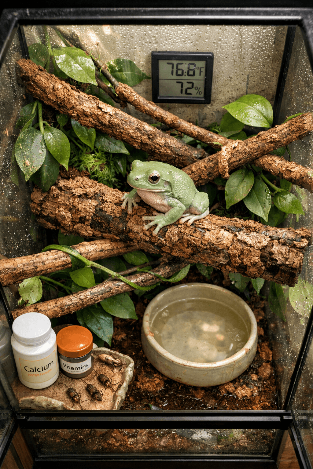 Overhead view of a lush vertical terrarium with a white tree frog perched on cork branches, foliage, water dish, and care tools.