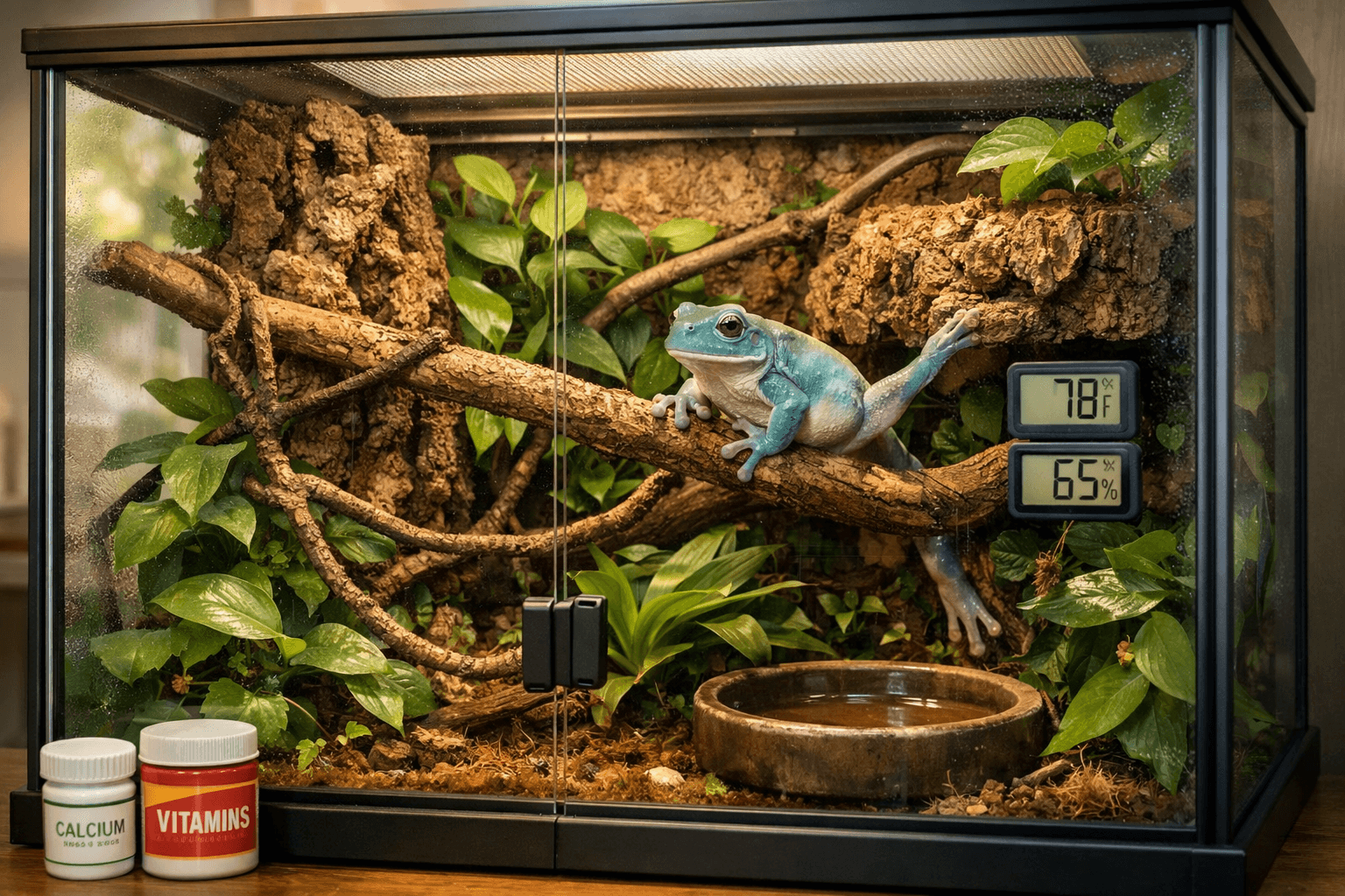 White tree frog resting on a branch in a lush glass terrarium with climbing vines, plants, water dish, and humidity gauges.