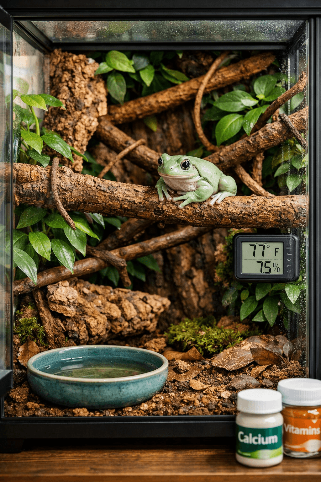 White tree frog perched on a branch in a lush glass terrarium with plants, water dish, moss, and climbing vines.