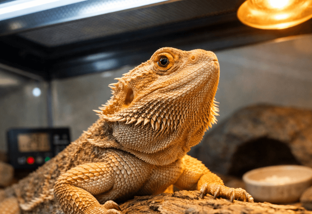 Bearded dragon basking on a wood branch beneath a visible bearded dragon uv light in a terrarium