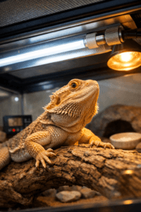 Bearded dragon basking on a wood branch beneath a visible bearded dragon uv light in a terrarium