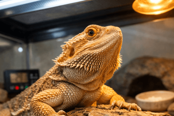 Bearded dragon basking on a wood branch beneath a visible bearded dragon uv light in a terrarium