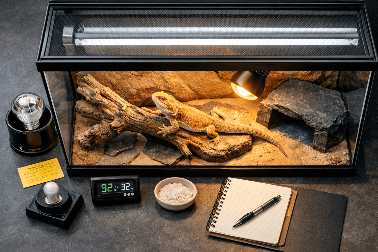 Overhead bearded dragon terrarium with UVB lighting, basking lamp, inactive mercury-vapor bulb, and care tools.
