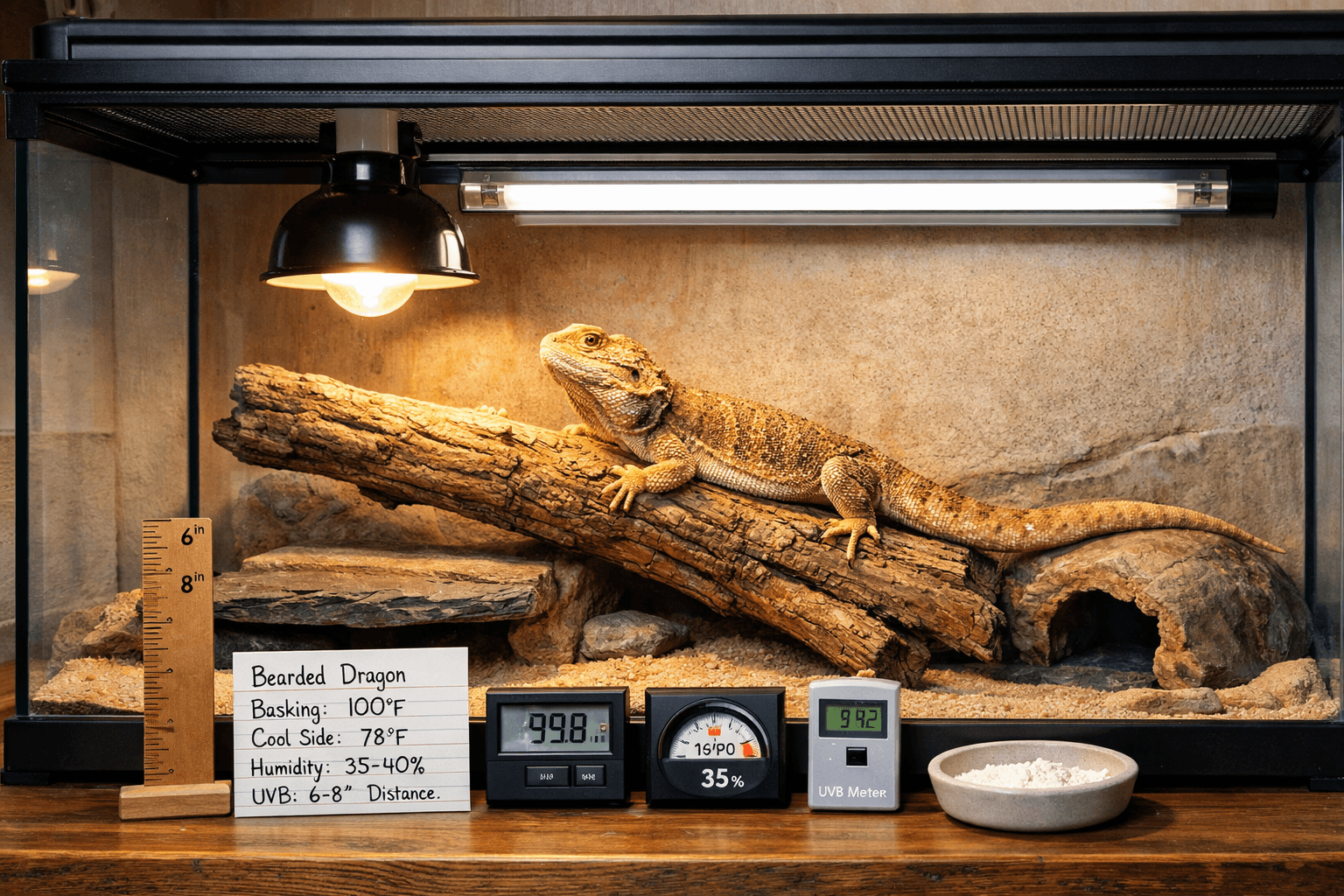 Bearded dragon under basking and UVB lights in a clean terrarium, with distance gauge and care tools visible.