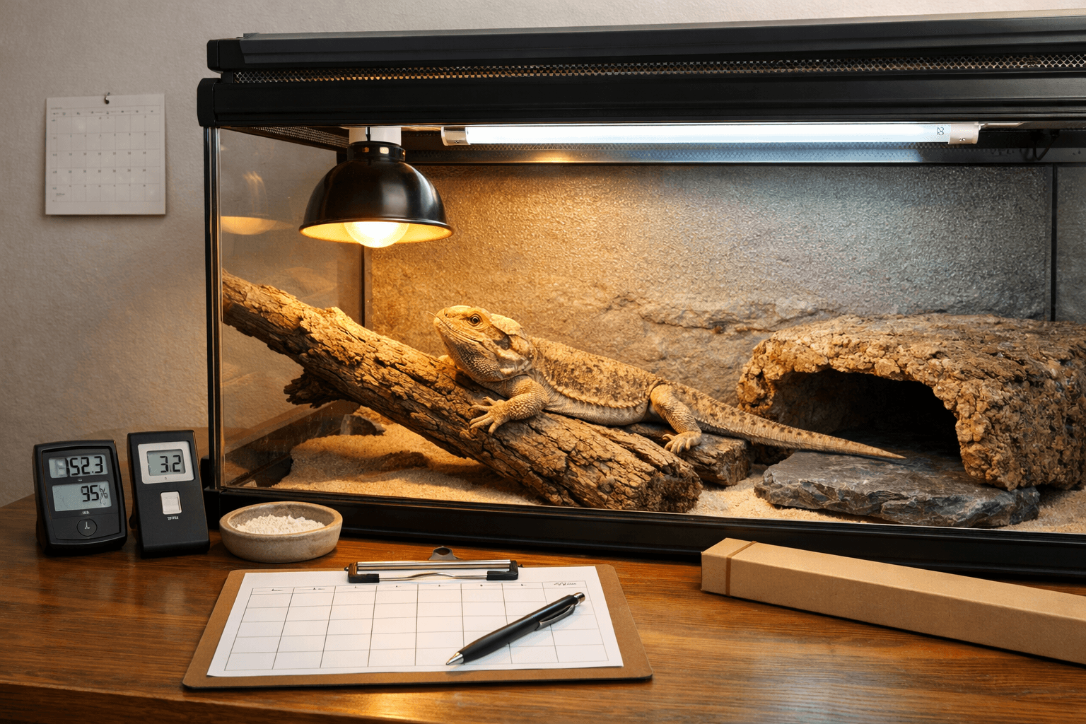 Bearded dragon under basking and UVB lights in a clean terrarium, with care tools and replacement planner nearby.