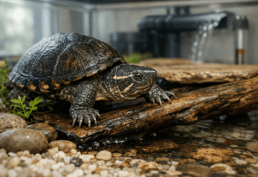 Stinkpot common musk turtle climbing from a submerged rock onto driftwood in a clear, planted shallow-water aquarium.