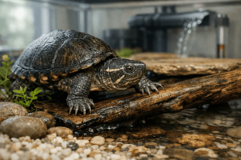 Stinkpot common musk turtle climbing from a submerged rock onto driftwood in a clear, planted shallow-water aquarium.
