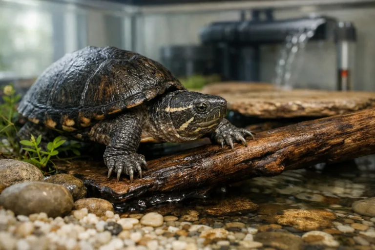 Stinkpot common musk turtle climbing from a submerged rock onto driftwood in a clear, planted shallow-water aquarium.