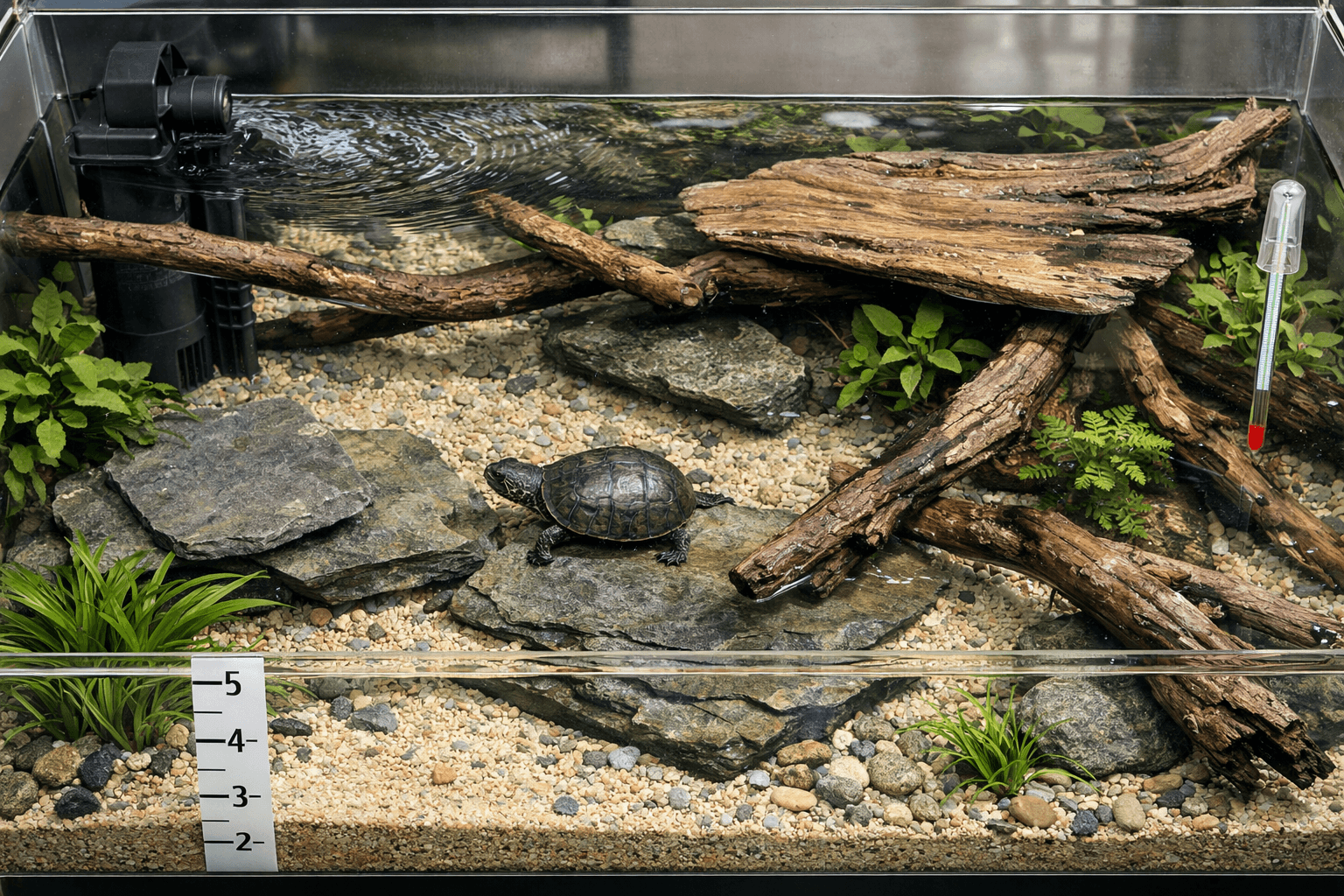 Overhead shallow aquarium habitat with a juvenile stinkpot common musk turtle, sandy floor, rocks, plants, driftwood, filter, and depth marker.