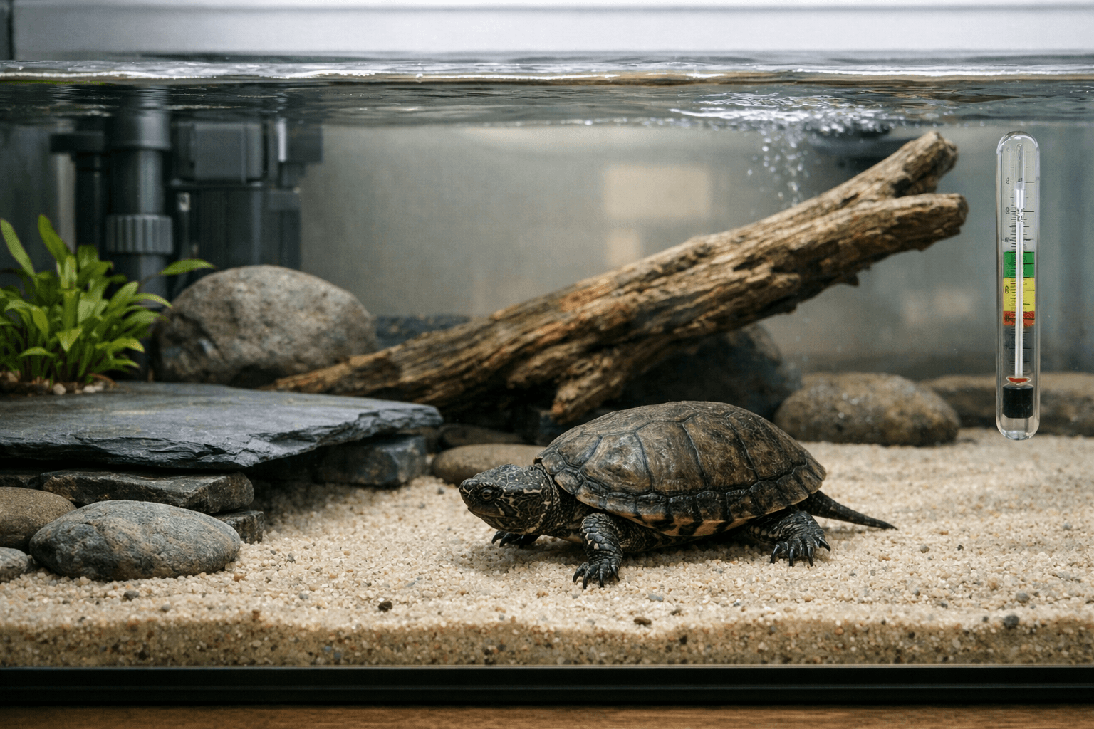 Stinkpot common musk turtle crawling over sandy shallows in a planted aquarium with stones, driftwood, thermometer, and gentle filtration.