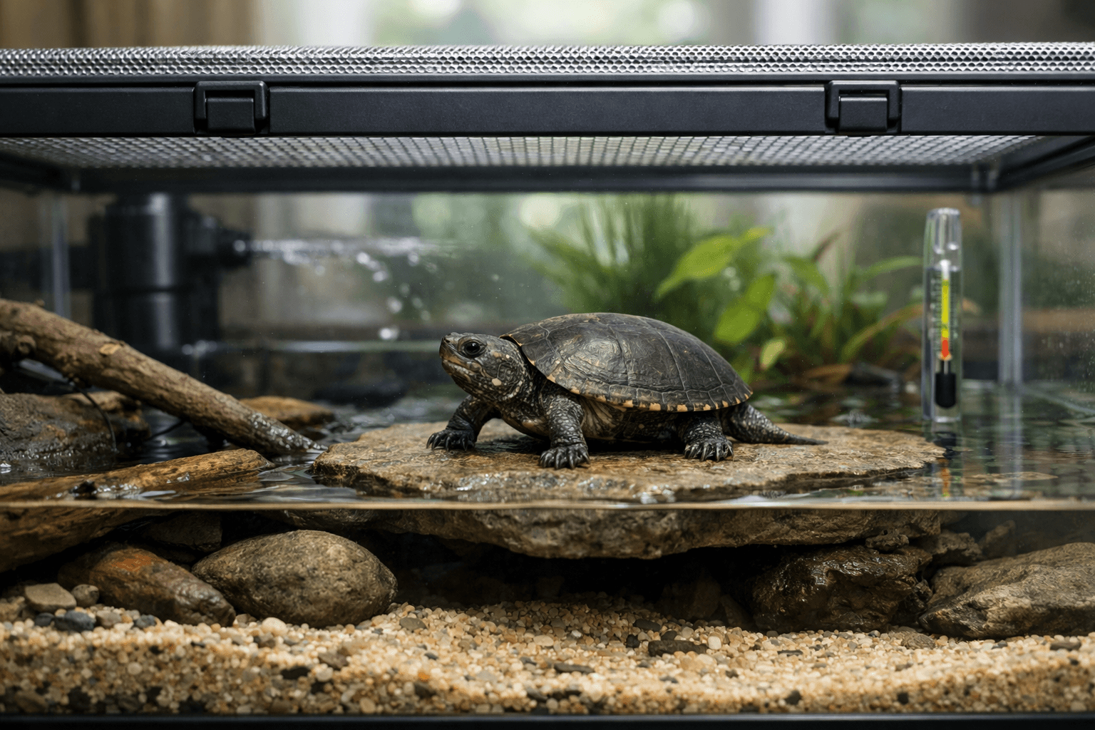 Stinkpot common musk turtle in a low, secure aquarium with mesh lid, rocks, plants, driftwood, and gentle filtration.