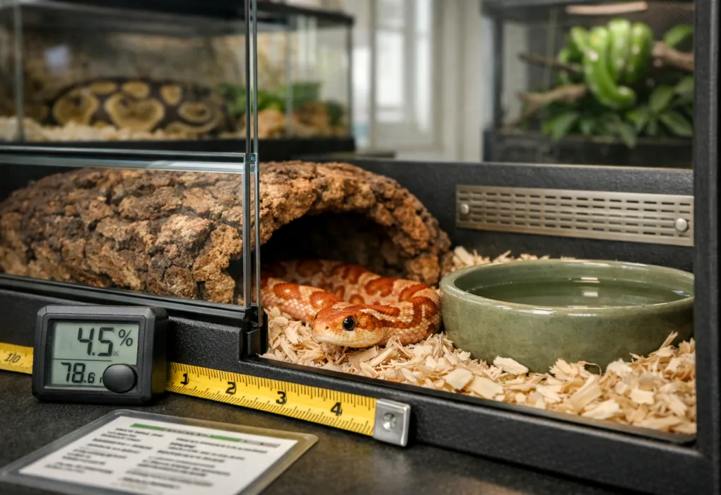 Juvenile corn snake in a furnished enclosure beside a measuring tape and care card; larger snake enclosures blur behind.