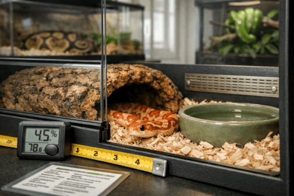 Juvenile corn snake in a furnished enclosure beside a measuring tape and care card; larger snake enclosures blur behind.