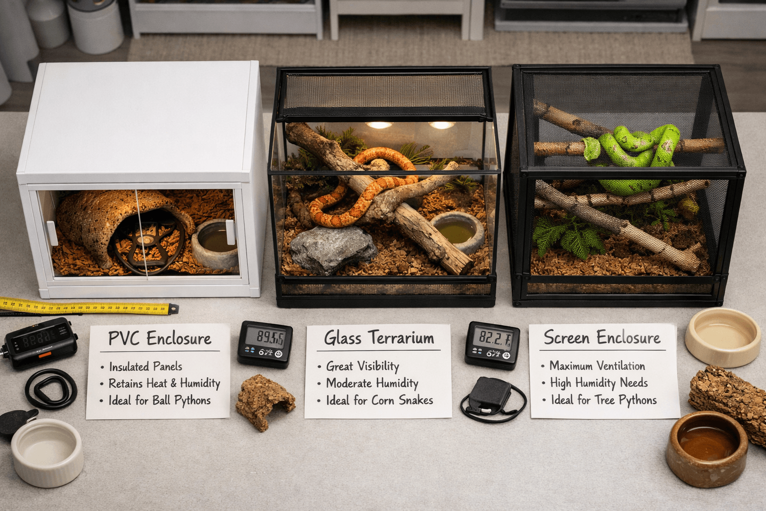 Overhead comparison of snake enclosures: PVC, glass, and screen habitats housing ball, corn, and tree pythons.
