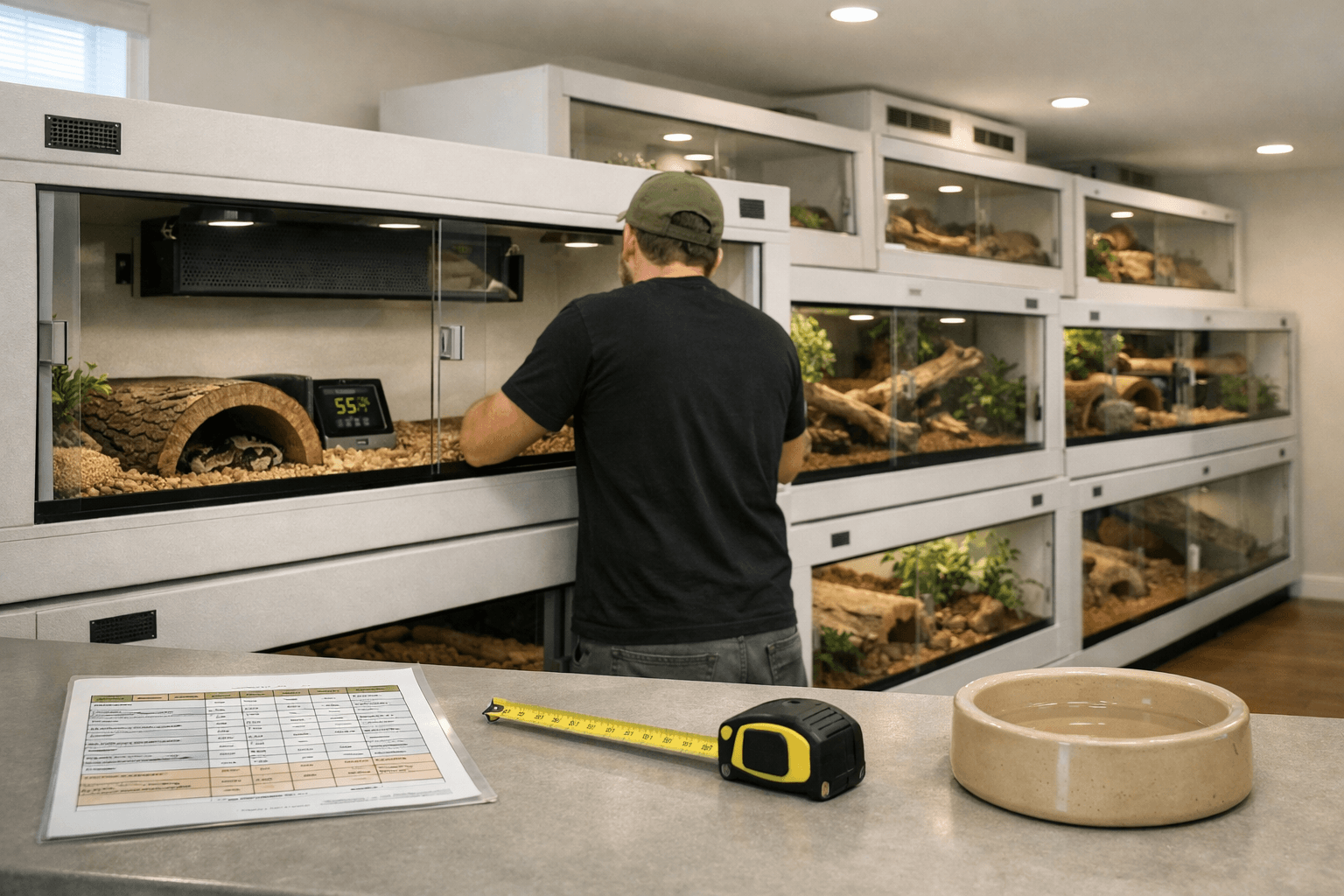 Keeper inspecting secure snake enclosures with ball python and corn snake habitats, care chart, tape, and water bowl.