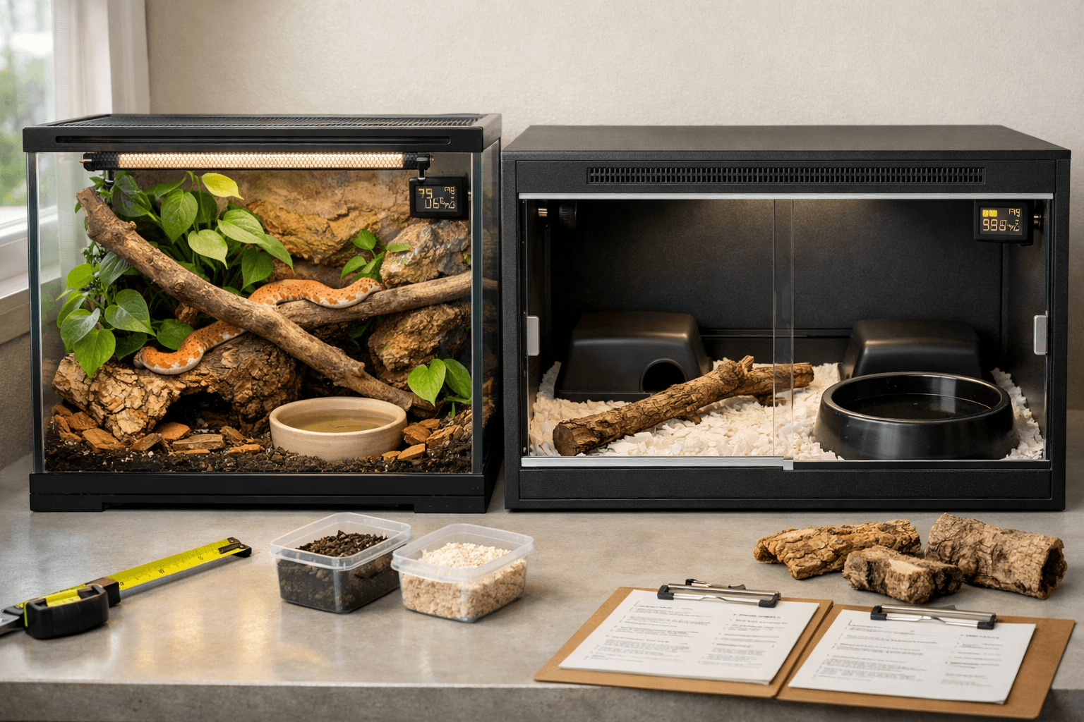 Two snake enclosures compare a bioactive corn snake terrarium with a simpler ball python habitat in a clean reptile room.