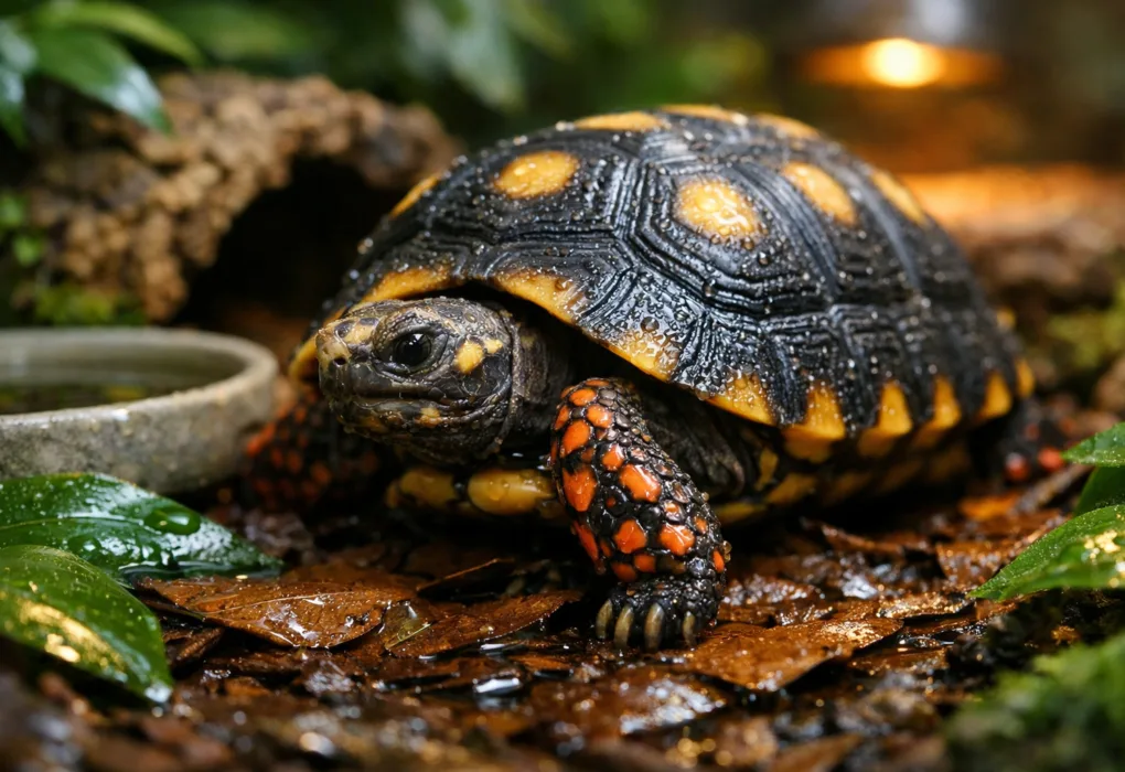 Red footed tortoise crossing damp leaf litter in a lush, humid forest-style enclosure.