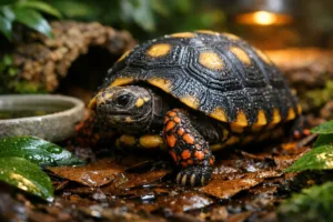 Red footed tortoise crossing damp leaf litter in a lush, humid forest-style enclosure.