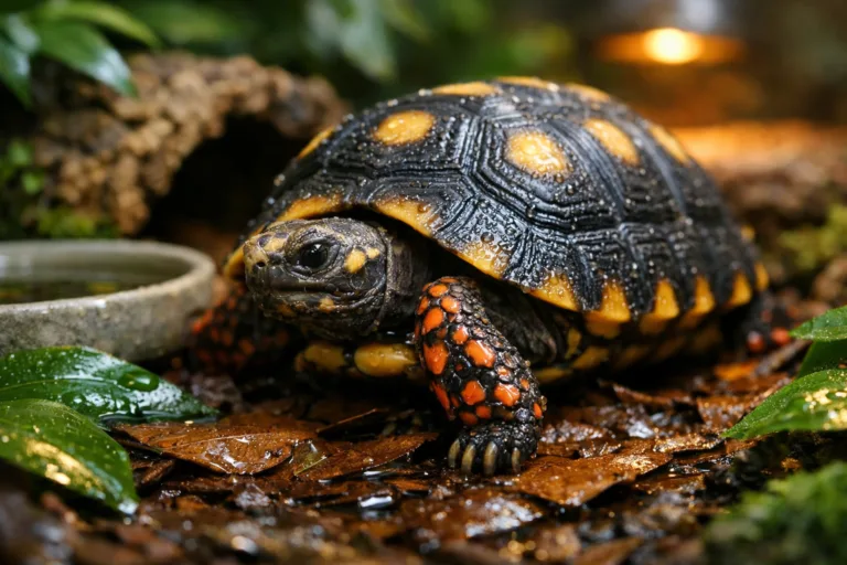 Red footed tortoise crossing damp leaf litter in a lush, humid forest-style enclosure.