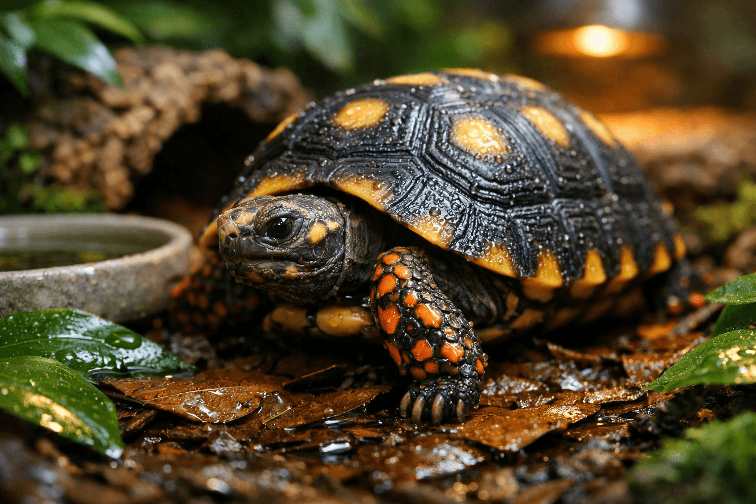 Red footed tortoise crossing damp leaf litter in a lush, humid forest-style enclosure.