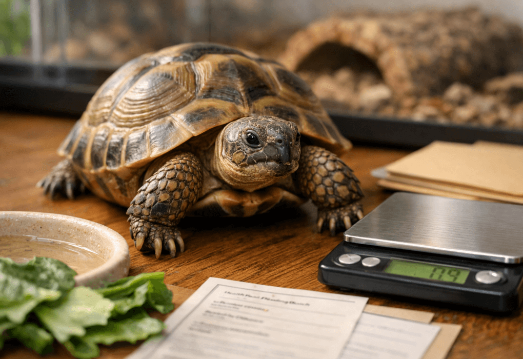 Healthy Russian tortoise for sale beside a digital scale, greens, water dish, and breeder records on an oak table.