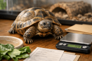 Healthy Russian tortoise for sale beside a digital scale, greens, water dish, and breeder records on an oak table.