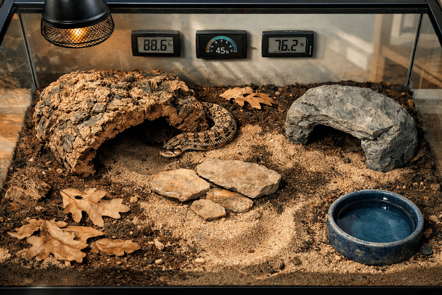 Overhead view of a western hognose in a sandy terrarium with cork and stone hides, rocks, water dish, and habitat monitors.