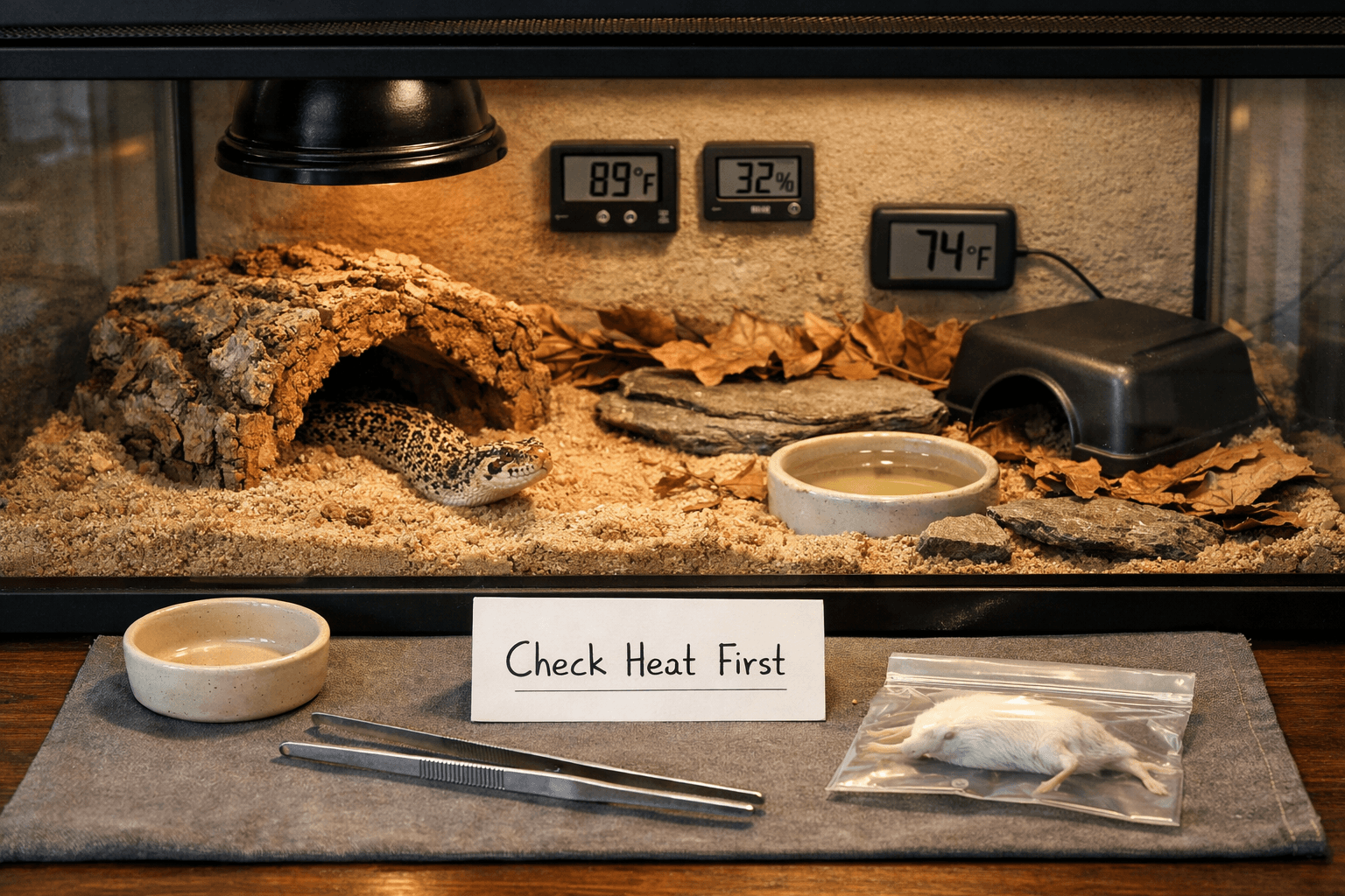 Western hognose in an organized terrarium with heat monitors, hides, feeding supplies, and a “Check Heat First” card.